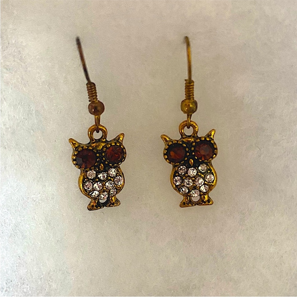 Petite Owl Gem Dangle Earrings